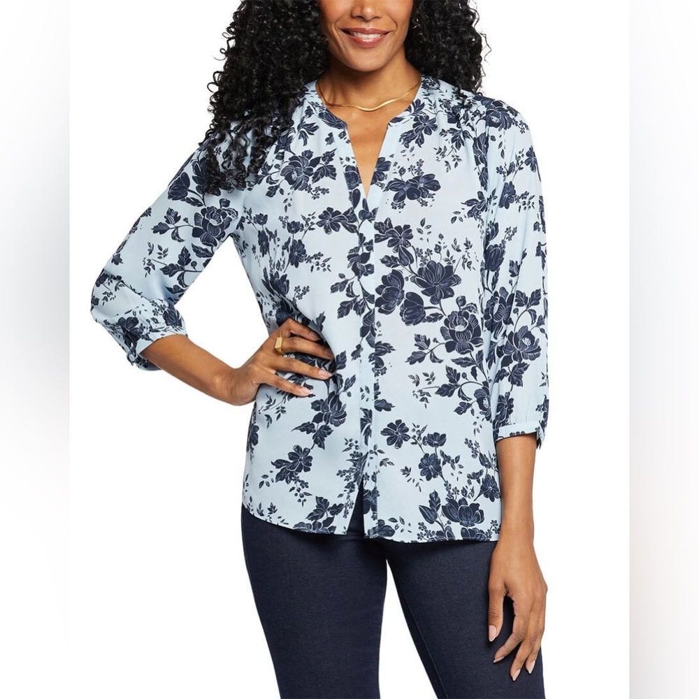 NYDJ Pintuck Blouse Blue & Navy Floral